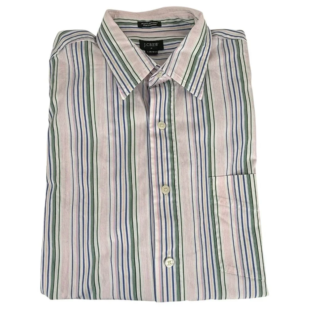 J Crew Mens Size L Striped Button Down Shirt 2-Ply Cotton Green Blue Pink White - Picture 9 of 9